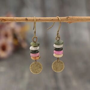 Boho Beaded Gemstone Dangle Earrings Handcrafted Bronze Drop Round Disc Jewelry